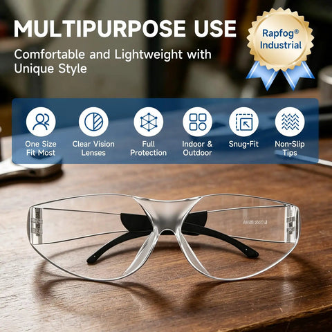 Bulk Clear Safety Glasses With Ansi Z87 Certification For Construction And Laboratory Use 36 Pack Individually Wrapped on a wooden table.