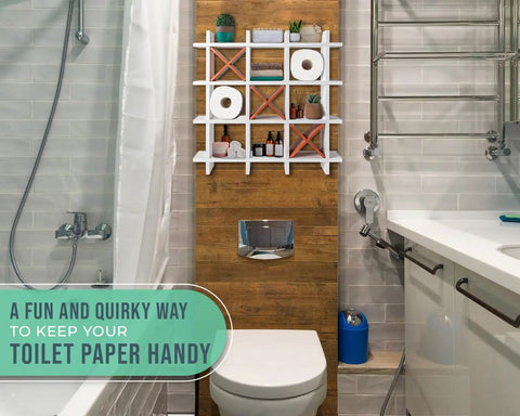 Rustic Tic Tac Toe Toilet Paper Holder And Farmhouse Bath Shelf Distressed White Storage mounted above a toilet.