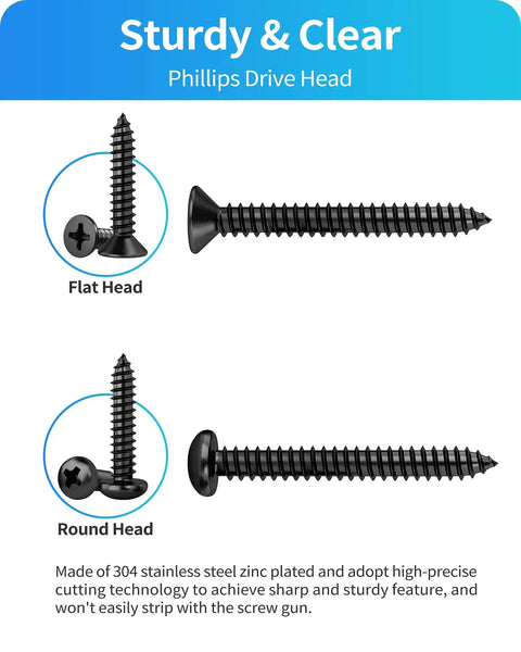 Stainless Steel Self Tapping Wood Screws Kit 560 Piece Assortment With Flat Head And Round Head M3 M4 M5 M6 Phillips Drive Zinc Plated Black Finish DIY Friendly