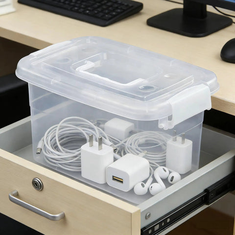 Clear Plastic Storage Boxes With Secure Latches And Slick Handles Sweet Setup For Home Organization And Clutter Free Spaces Six Pack Container Set For Bedroom Kitchen Living Room Or Office. Clear bin organizing cables in a drawer.