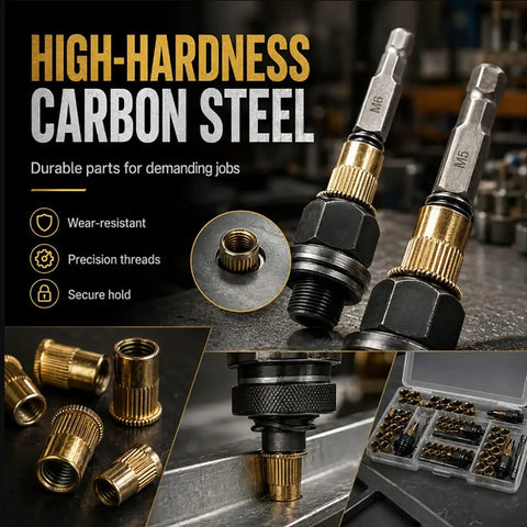 Rivet Nut Tool Kit Heavy Duty For M3 To M8 Sizes With Carbon Steel Rivnut Installer Adapters Includes M3 M4 M5 M6 M8 Heads And Assorted Rivet Nuts Manual Or Drill Powered Threaded Insert Tool Two Pack, carbon steel heads and rivet nuts