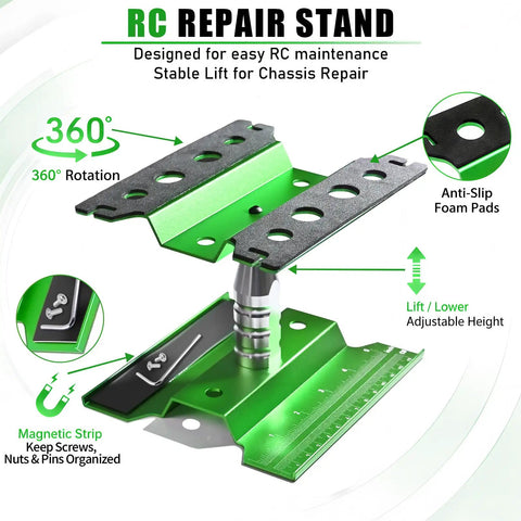 Adjustable Aluminum RC Car Repair Stand With 360 Degree Rotation, showcasing foam pads and magnetic strip for stability and quick repairs.