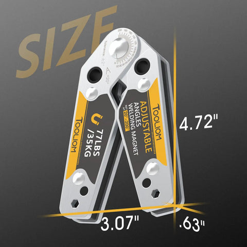Beefy Adjustable Angle Welding Magnet 20 To 200 Degrees With 77 Lb Magnetic Pull showing size dimensions on a dark background