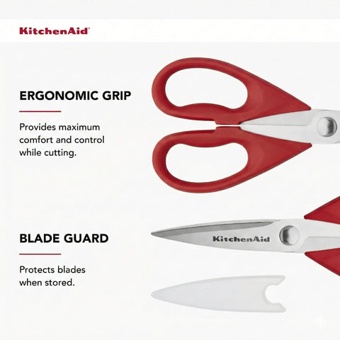 Top Shelf All Purpose Kitchen Shears With Protective Sheath Ridiculously Sharp Stainless Steel Blades Dishwasher Safe Cozy Comfort Grip, red handle with blade guard.