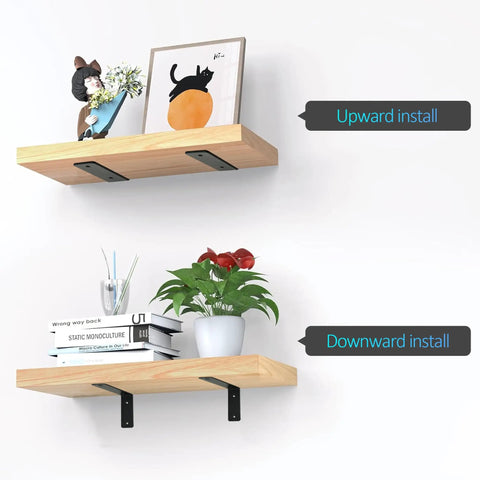 Image showing Badass Heavy Duty Black L Brackets For Floating Shelves, 4 Pack, supporting wooden shelves with decor.