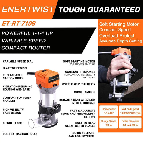 Compact Router Tool With 7.0 Amp Motor Soft Start And Variable Speed From 10,000 To 32,000 RPM For Woodworking product features