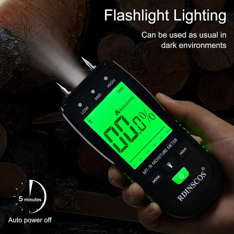 Pin Type Wood Moisture Meter For Hardwood And Softwood With Replaceable Probes, 12mm Deep Reading, shown in dark setting