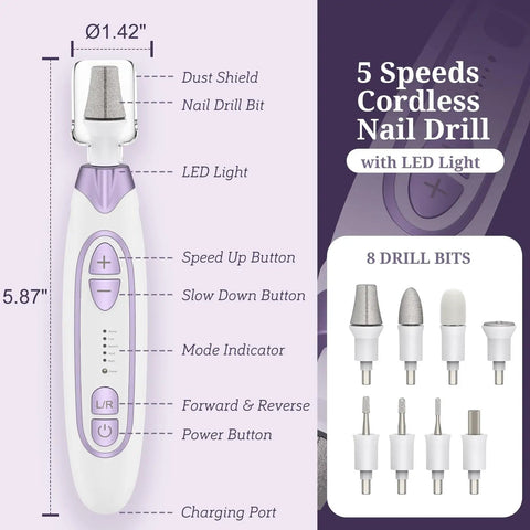 Cordless Electric Foot File For Crusty Thick Toenails And Hard Calluses Packs Eight Swappable Carving Heads Plus Rugged Sanding Collars For No Sweat Salon Ready Pedicure Results, with LED light and varied drill bits.