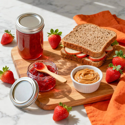 Pretty Dang Awesome Mini Mason Jars 8 Pack Regular Mouth Glass Containers With Tight Screw Top Lids with strawberry jam on a wooden board.