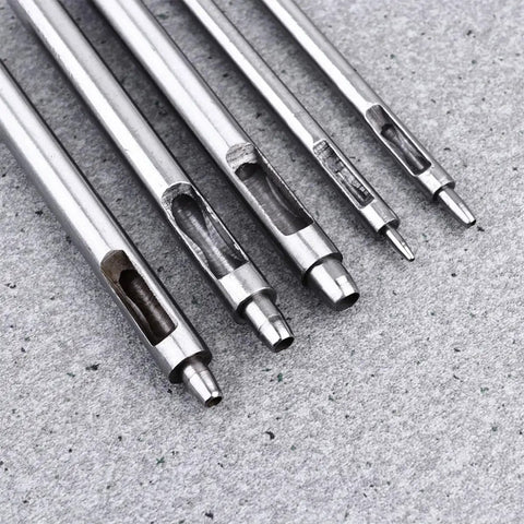 Close-up of five steel hollow round punches from Leather Hole Puncher Set Five Piece With Steel Hollow Round Punch Tools 1-5mm.