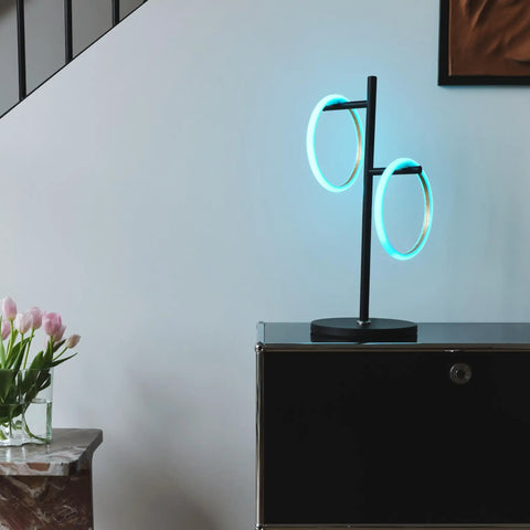 Saturn RGB Color Changing Table Lamp With Tree Desk Design Two LED Lights For Living Room Bedroom Office Reading Modern Black Finish Color Gradient Mood Lighting, 21-inch, shown on a cabinet.