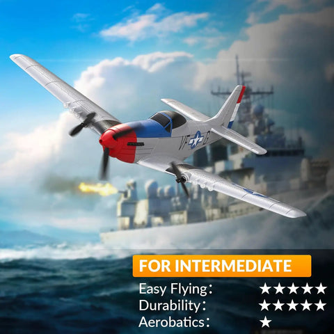 P 51D Mustang RC Plane For Beginners With 3 Channel Remote Control And 2 4Ghz Radio in flight over maritime background.