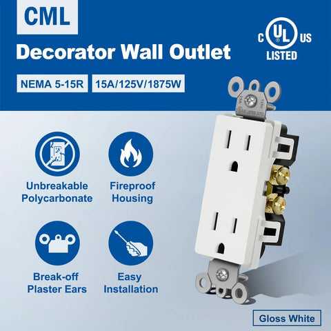 Heavy Duty 15 Amp Decorator Wall Receptacle Outlet 125V 2 Pole 3 Wire Non Tamper Resistant Residential UL Listed 100 Pack