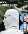 Summer Cooling Balaclava Face Mask For Men And Women All Day Comfort With UV Sun Protection Ideal For Cycling Skiing Hiking Fishing Motorcycling And Outdoor Adventures Grey side view with UV meter readings.