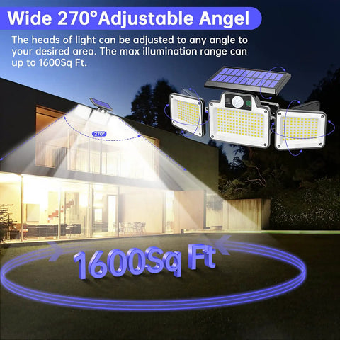 Solar Outdoor Motion Sensor Lights With 280 LED Waterproof IP65 Garden Flood Lights illuminating house at night