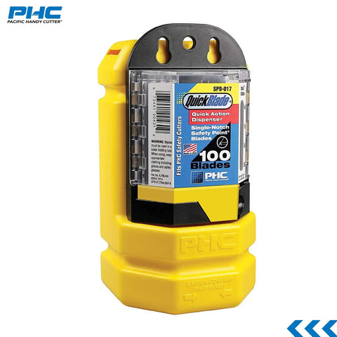 Safety Point Blade Dispenser With 100 Round Point Blades SPD017 in yellow, compact design for utility knives, with clear holder.