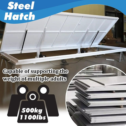 Invisible Ceiling Hatch And Crawl Space Access Door For Seamless Tile Wood Floor Panel Cover In Basement Garage Spot shown open, displaying steel core support.