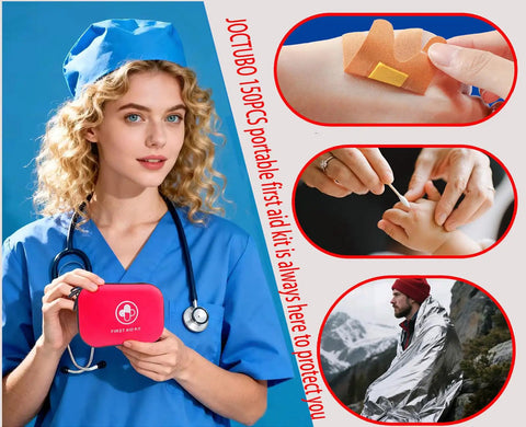 Person holding a red Portable 150 Piece Waterproof Hard Shell First Aid Kit, alongside images of bandaging, wound care, and outdoor survival.