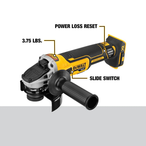 Powerhouse 20V Max XR Cordless Angle Grinder With Kickback Brake And Slide Switch, 4-1/2 Inch Disc, tool-only, side handle visible.