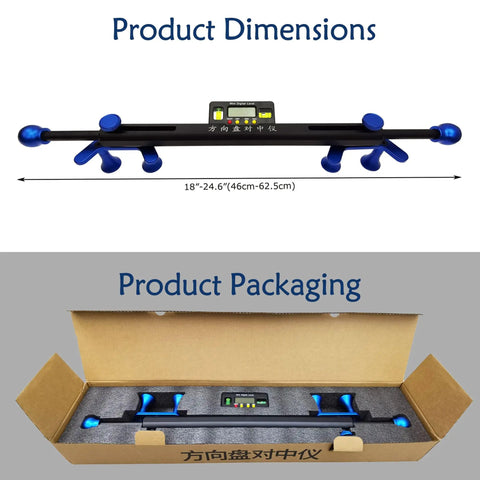 Car Steering Wheel Level Alignment Tool Featuring 0.1 Degree Accuracy Max Dia 13.8 Inch showing product dimensions and packaging details.