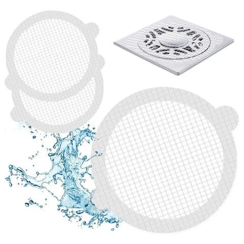 10pcs Shower Drain Hair Catcher Mesh Stickers, Square in white, showcasing circular and square designs with water splash background.