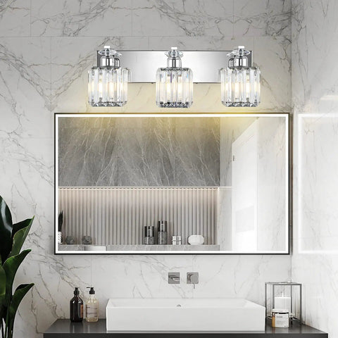 Three Light Crystal Bathroom Vanity Light in Chrome Finish, Modern Wall Fixture, sleek crystal lampshades over bathroom mirror