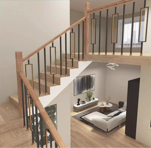 Top Shelf Metal Balusters and Staircase Spindles Measuring Thirty Seven Inches Tall for Deck Railings, Clean Black Gold Finish, Heavy Duty Anti Rust Steel Posts, No Sweat Floor Mounting with Adjustable Brackets, No Brainer for Lofts and Porches, showcased in stylish staircase design.
