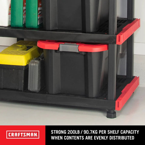 Heavy Duty Four Tier Plastic Storage Shelves For Garage Organization Built Tough With Ample Space Easy Setup indoors shows black shelving with storage bins.