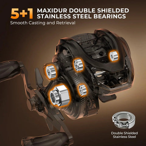 Lethal Blaze Baitcasting Fishing Reel With 7.3 To 1 Gear Ratio And Low Profile Lightweight Glass Fiber Infused Nylon Frame features 5+1 stainless steel bearings