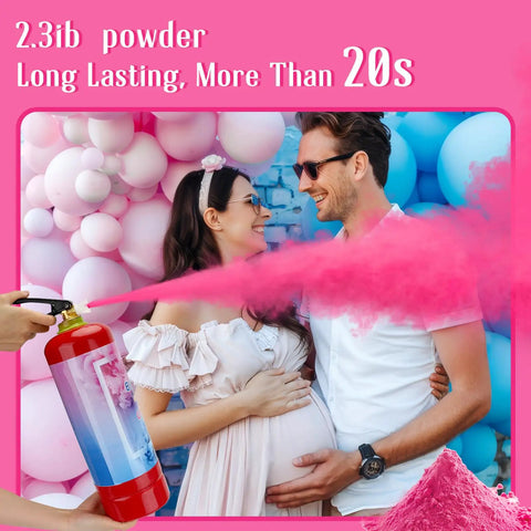 Go Hard On This Premium Gender Reveal Fire Extinguisher Two Pack spraying pink powder at smiling couple in baby shower setting.