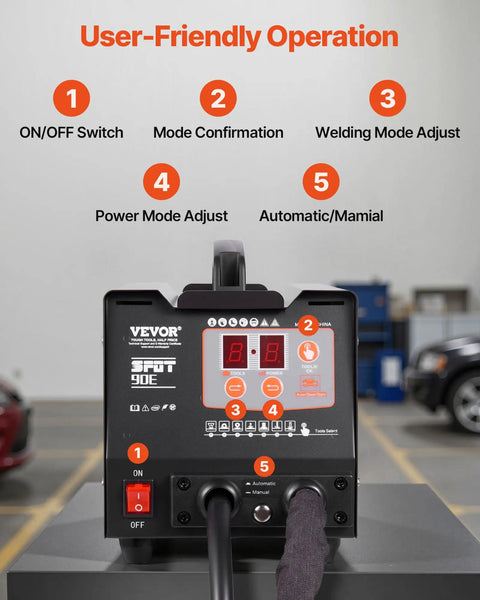 Close-up of 90E Stud Welder Dent Repair Kit with 110V Spot Welder control panel, user-friendly operation labels visible.