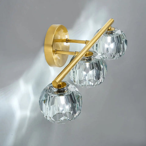 Three Light Gold Brass Vanity Light Fixture With Clear K9 Crystal Glass For Bathroom Over Mirror Modern Wall Sconce 120V G4 Base Lit Glow