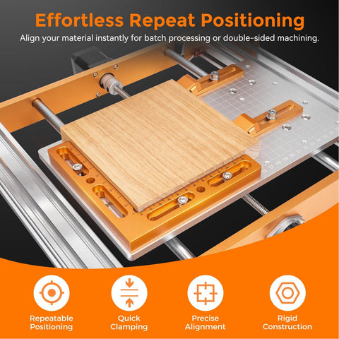 Rock Solid CNC Workpiece Positioning Fixture Kit With T Slot Perforated Table And Hella Accurate Woodworking Vise Clamps, showing precise alignment and quick clamping.