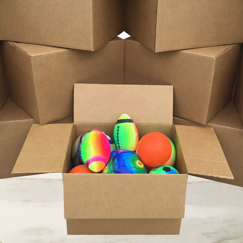 Heavy Duty Corrugated Moving Boxes For No Drama Packing Medium 18X14X12 Inches with colorful sports balls inside.