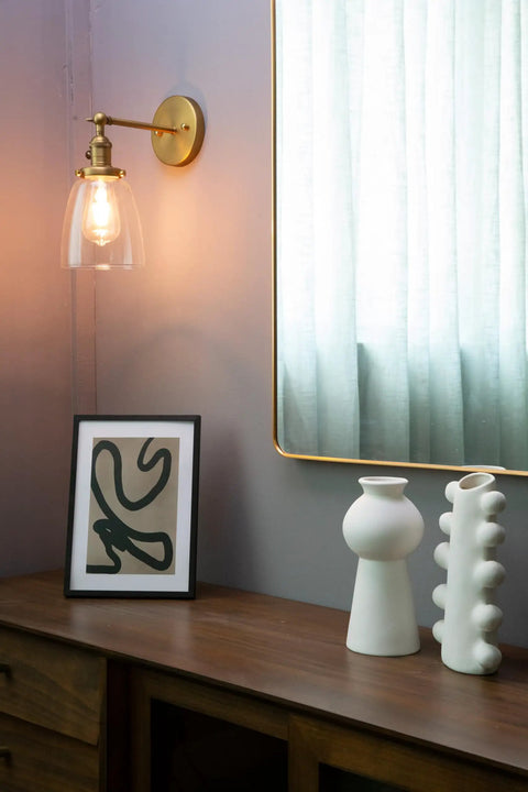 Industrial Vintage Sconce With Oval Cone Clear Glass Shade 1 Light Wall Light In Antique Gold Finish in modern living room
