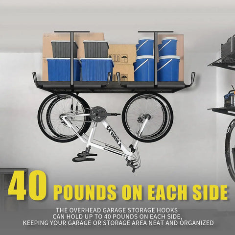 Overhead Ceiling Hook Rack 4 Pack Heavy Duty Ceiling Mount Hangers With Double T Bar holding a bike and storage boxes