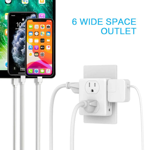 Outlet Extender Turn Two Outlets Into Six With This Space Saving 6 Outlet Wall Tap, 3 Prong Plug Adapter in use with devices charging