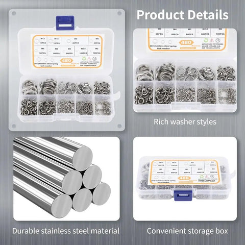 Workhorse Stainless Steel Split Washers Kit With 480 Pcs M2 To M12 Assortment And Storage Box For Repairs And Maintenance, Corrosion Resistant 304 Stainless, Prevents Nut Loosening, Durable in clear storage case