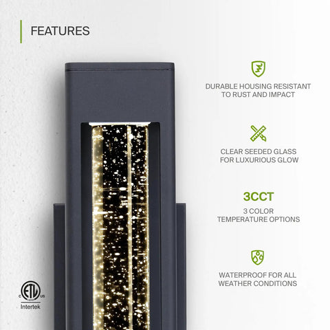 Close-up of 14 Inch Front Wall Light Fixture Outdoor Sconce Black 12W 600LM Waterproof Dimmable 3CCT glass and features icons