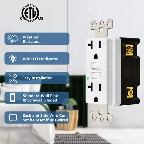Rock Solid 20 Amp GFCI Outlets With LED Indicator And Matching Wall Plates Ultra Slim Non Tamper Resistant GFI Duplex Receptacles showing installation features.
