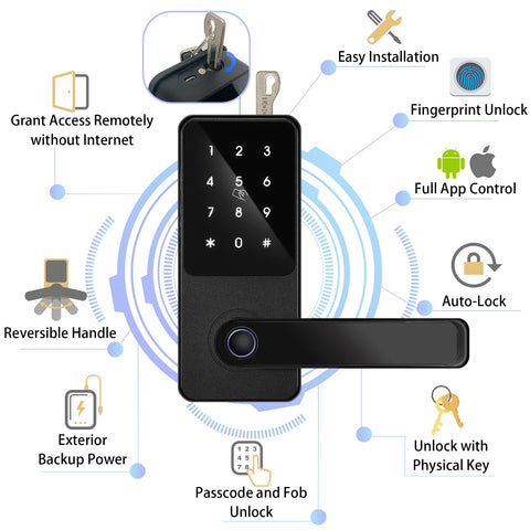 Diagram of Fingerprint Keyless Entry Door Lock with Reversible Handle, Touchscreen Keypad, and Smart Lock features