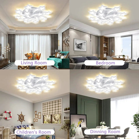 Four room settings showing 12 Heads LED Flush Mount Ceiling Light Fixture with Dimmable Chandelier Style Remote and App Control