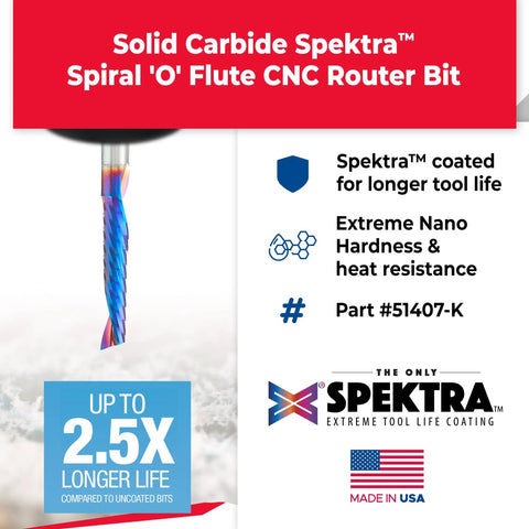 Spektra Coated Solid Carbide CNC Spiral O-Flute Router Bit for Plastics Up Cut 3 Inch Length 1/4 Inch Diameter 1-1/4 Inch Cutting Height Mirror Finish 51407-K Made In USA