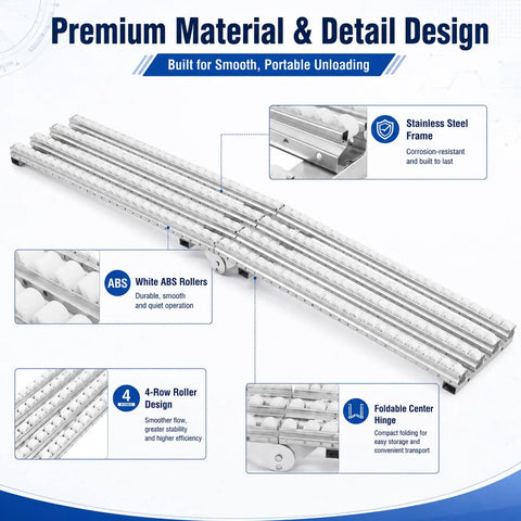 Heavy Duty 6.6ft Foldable Steel Roller Conveyor Table For Warehouse Shipping And Cargo Unloading With 12 Inch Width Gravity Slide System showing stainless steel frame and ABS rollers.