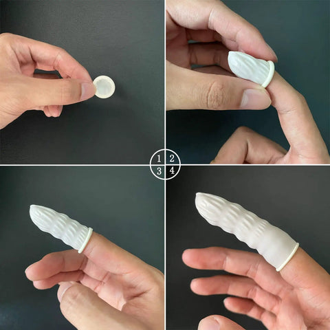 Disposable Latex Finger Cots Anti Static Roll On Finger Protectors Medium Size in hand showing application process