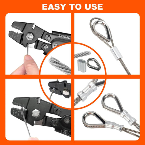 Heavy Duty Wire Rope Crimping Tool Kit For 3/64, 1/16 And 5/64 Inch Aluminum Loop Sleeves with thimbles and wire rope close-up