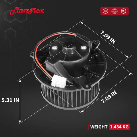 Heavy Duty Front Blower Motor For 2013 To 2016 Dodge Dart Tough Built HVAC Heating Fan Replacement Unit With Slick Airflow and dimensions shown, weighs 1.434 KG.