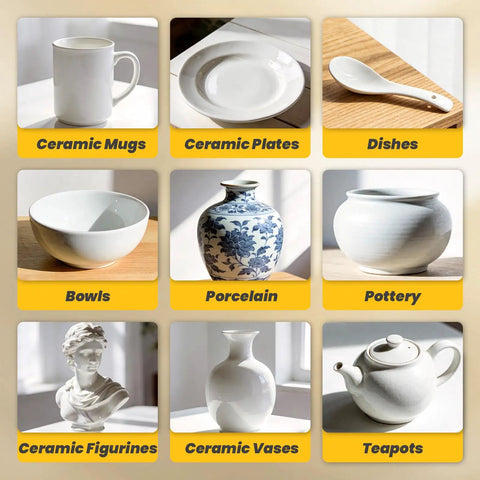 Premium Ceramics Super Glue Two Pack With Slick Micro Tips Delivering Hella Strong Food Safe Pottery And Porcelain Repair Bond For Mugs Plates And Figurines Quick Setting with various ceramic items.