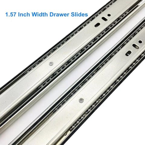 Top Shelf 10 Inch Full Extension Drawer Slides Five Pair Ball Bearing Side Mount Butter Smooth Glide Zinc Plated Cold Rolled Steel Heavy Duty Sixty Pound Load Capacity 1.57 inch width drawer slides close-up.