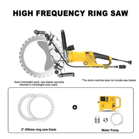 Heavy Duty 5000W Concrete Circular Saw Wall Cutter With 400 Millimeter Blade And Integrated Wet Dust Suppression shown with water pump and blades.